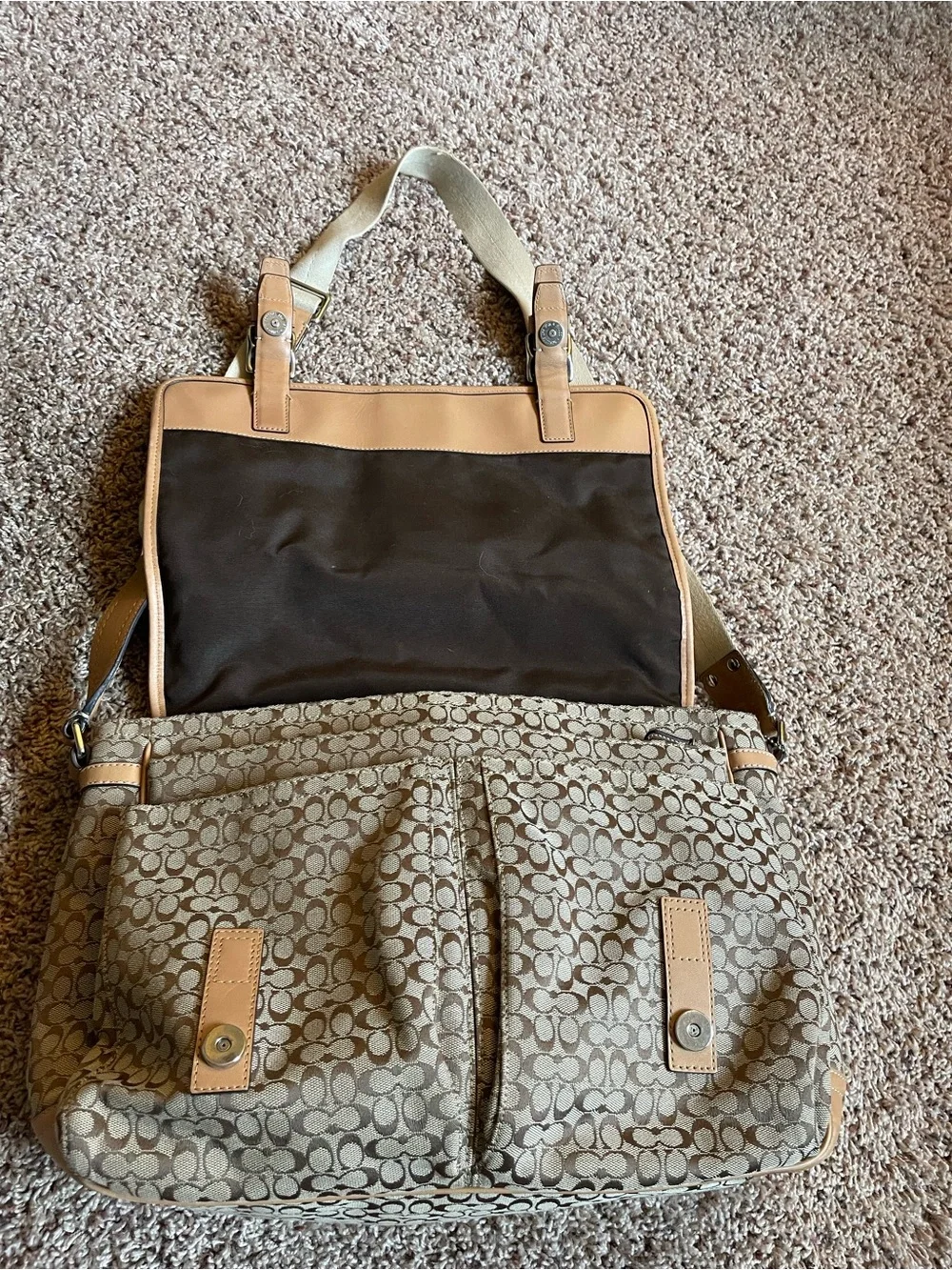 Coach Canvas Messenger Bag in Khaki and Tan with Stripe Detail